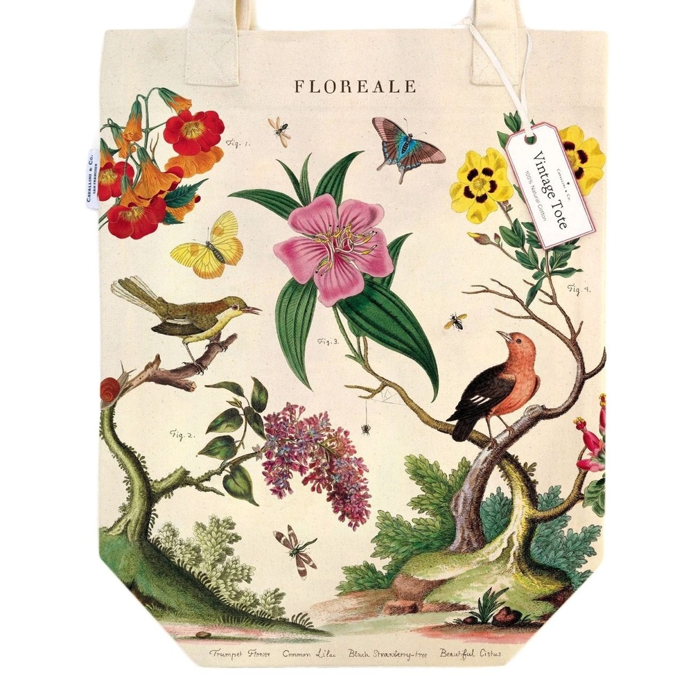 Cavallini & Co. Floreale Flower Garden Birds Butterfly Vtg Style Canvas Tote Bag